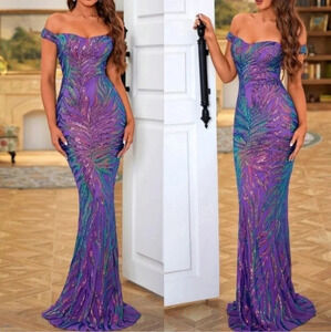 Luxe off shoulder mermaid hem party formal sequins dress